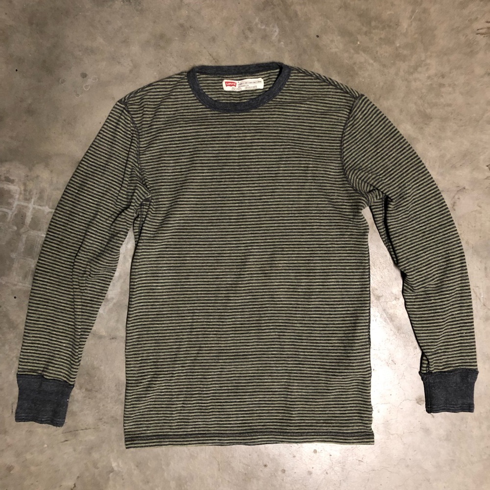 Levi's Men's Olive and Black Striped Long Sleeve Crew Neck Shirt